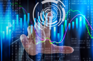 Digital marketing for investment firms technology visualization with data charts and binary code representing investor engagement and CRM integration.