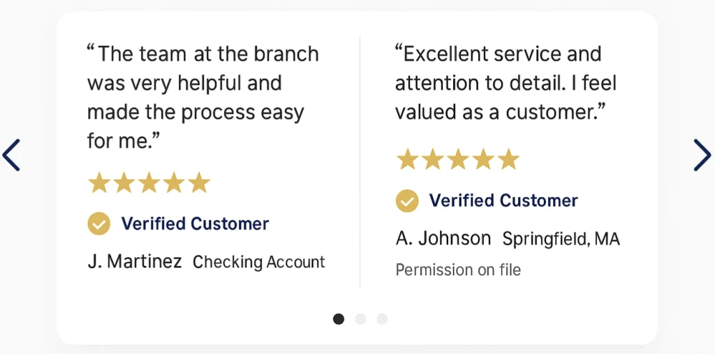Bank website reviews module with 5-star, verified customer testimonials. Demonstrating how proactive review management strengthens SEO for banks and local SEO for banks.