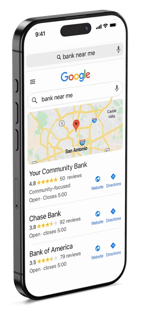 LOCAL SEO FOR BANKS STEP 1 Mobile phone displaying “bank near me" google search results using SEO for banks and local SEO for banks