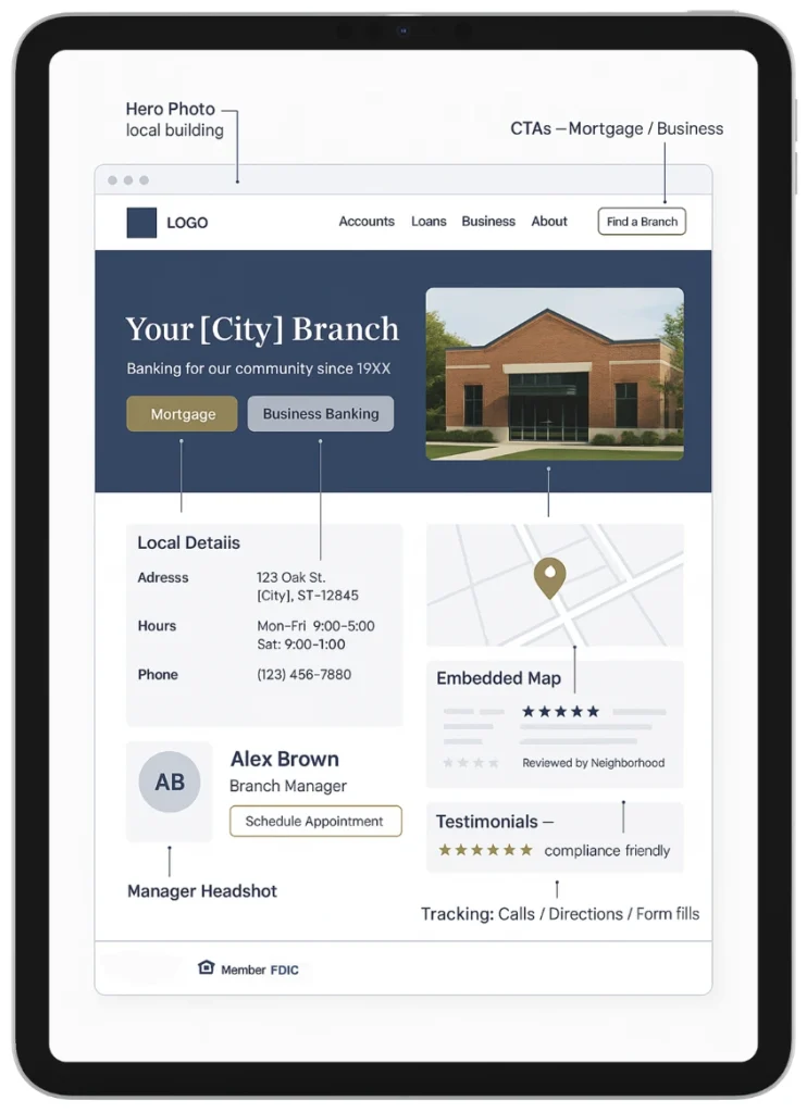 Location-specific bank branch webpage on tablet showing local details, map, manager profile, testimonials, and CTAs. Illustrating SEO for banks and local SEO for banks.