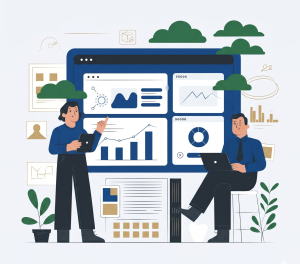 Two professionals collaborating on website development for a financial firm, with a large browser mockup displaying analytics dashboards, charts, and data visualizations