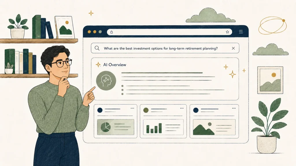 Illustration of a person studying a Google AI Overview answer to a long-term retirement planning query, with three cited source cards rendered beneath the AI panel — a depiction of generative engine optimization in financial search.