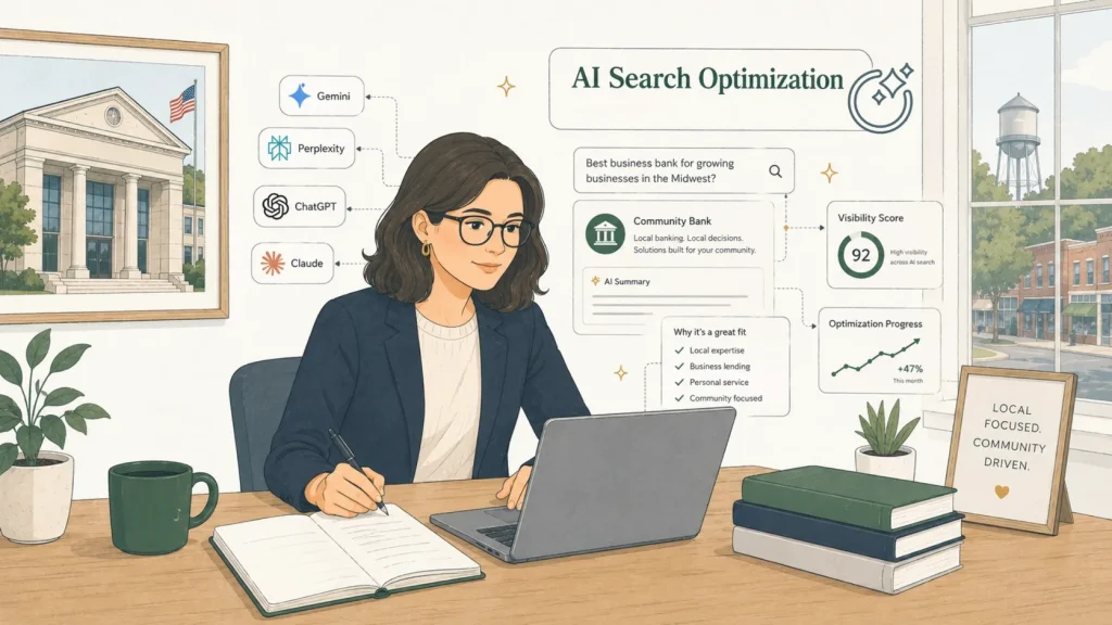 A community bank surfaces as the top AI answer across ChatGPT, Perplexity, Gemini, and Claude, illustrating AI search optimization for banks.