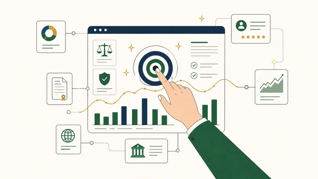 Illustration representing digital lead generation for financial advisors, with a marketing dashboard, targeting bullseye, performance charts, and trust signals.