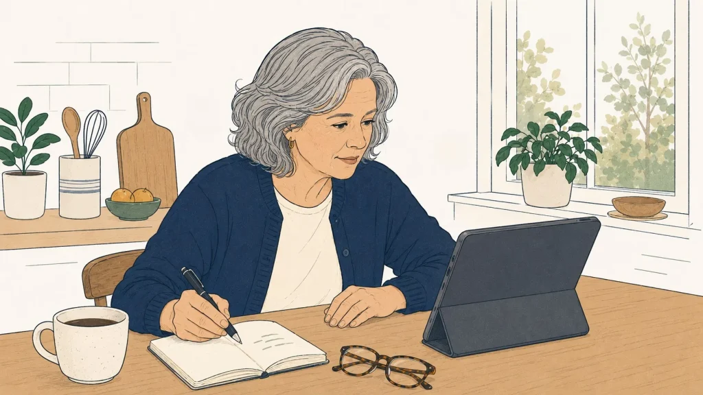 A woman reads an AI-generated answer with cited sources on a tablet at her kitchen table, taking notes while researching wealth managers.