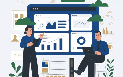 Two professionals collaborating on website development for a financial firm, with a large browser mockup displaying analytics dashboards, charts, and data visualizations